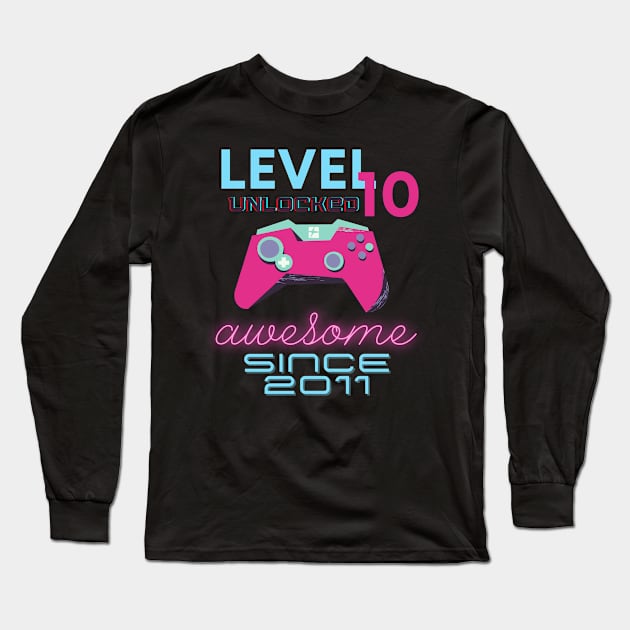 Level 10 Unlocked Awesome 2011 Video Gamer Long Sleeve T-Shirt by Fabled Rags 